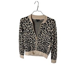 J.Crew Womens Leopard Print Full Zip Bomber Cardigan Merino Wool Blend Tan Large